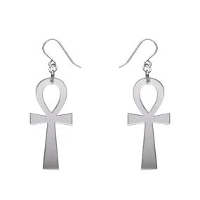 Ankh Mirror Drop Earrings - Silver