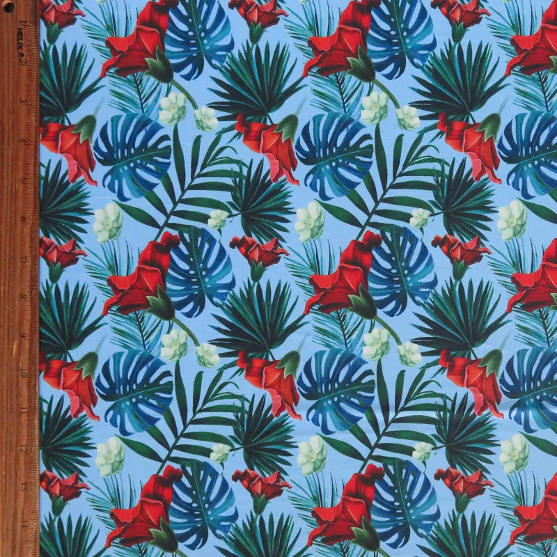 Blue Hawaiian Monstera Poly Spandex Swimsuit Fabric