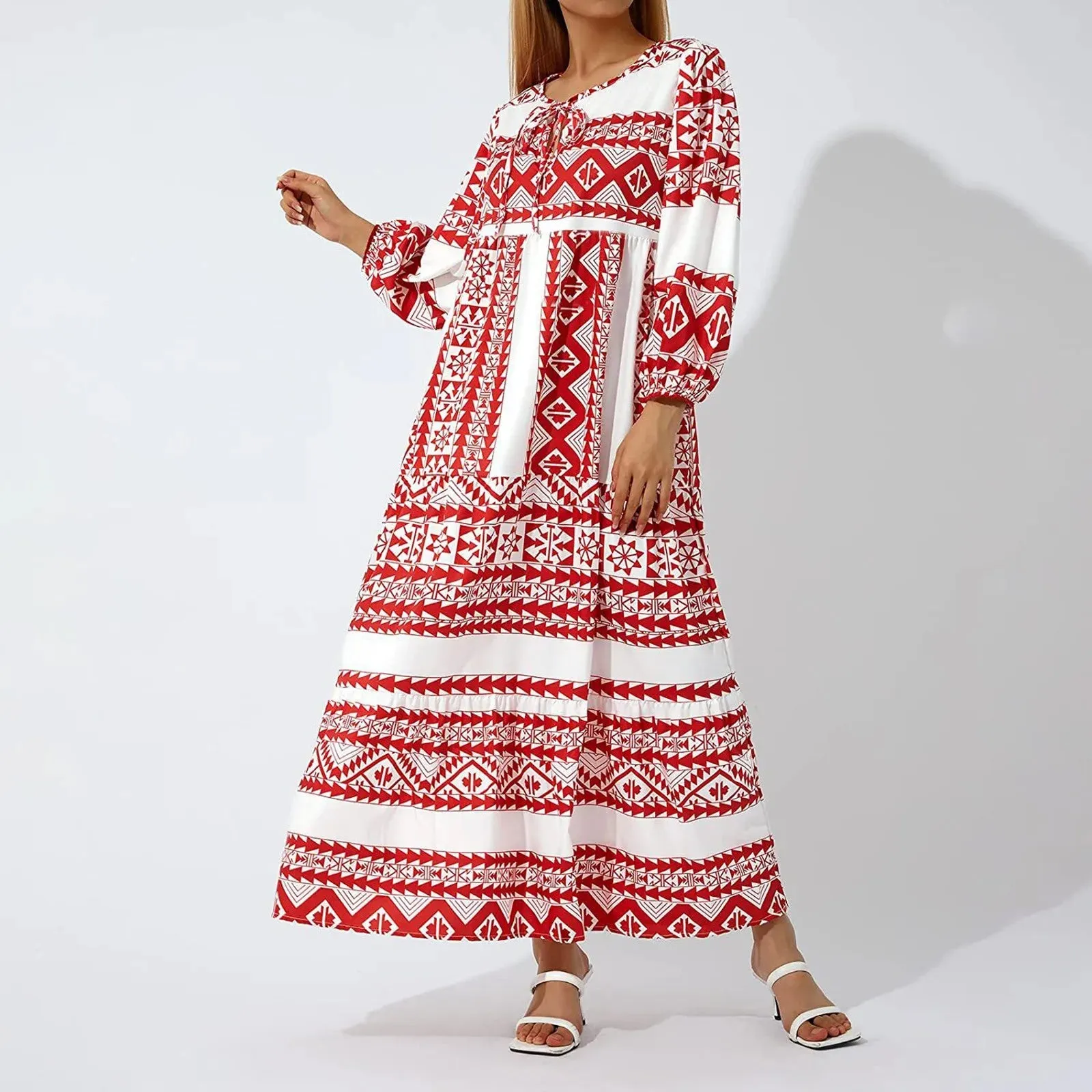 Bohemia Geometric Print Lace-up Puff Sleeves Long Women's Holiday Beach A-Line Boho Dress