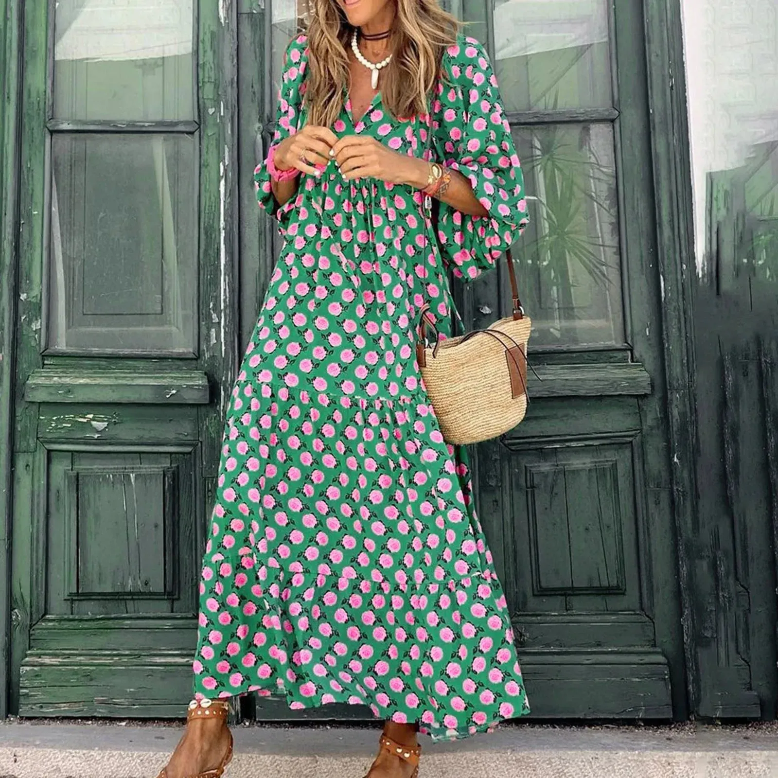 Bohemia Geometric Print Lace-up Puff Sleeves Long Women's Holiday Beach A-Line Boho Dress