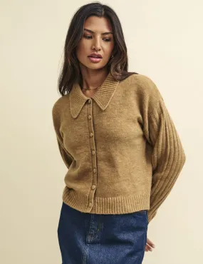 Camel Collared Knitted Cardigan