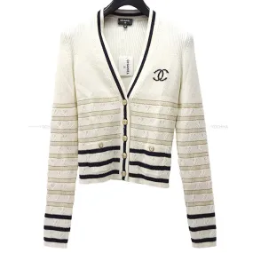 CHANEL Cardigan Heart Pattern Striped long-Sleeved with Coco Buttons #36 Ivory/Black Cashmere P73506[EXCELLENT][Authentic]