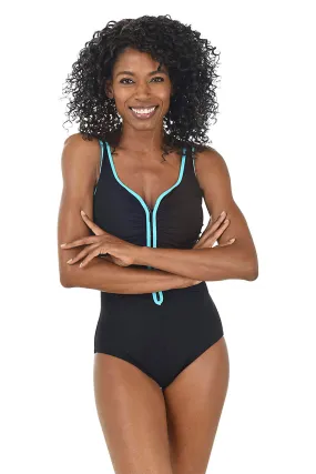 Color Coated Shirred Zipper Tank Swimsuit