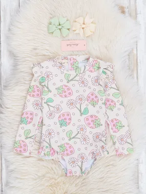 Cream Stawberries & Daisies Ruffle Swimsuit