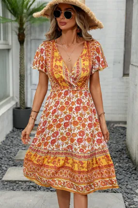 Floral Print Deep Trendy V Neck Mini Dress