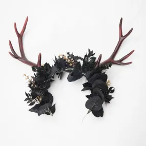 Flower crown with antlers Halloween crown Deer antlers Black flower crown Antler crown Headband with antlers Bride Photo shoot Headpiece