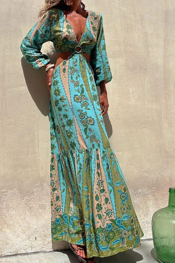 Goddess of the forest v-neck long-sleeved long-sleeved dress with double sides exposed waist