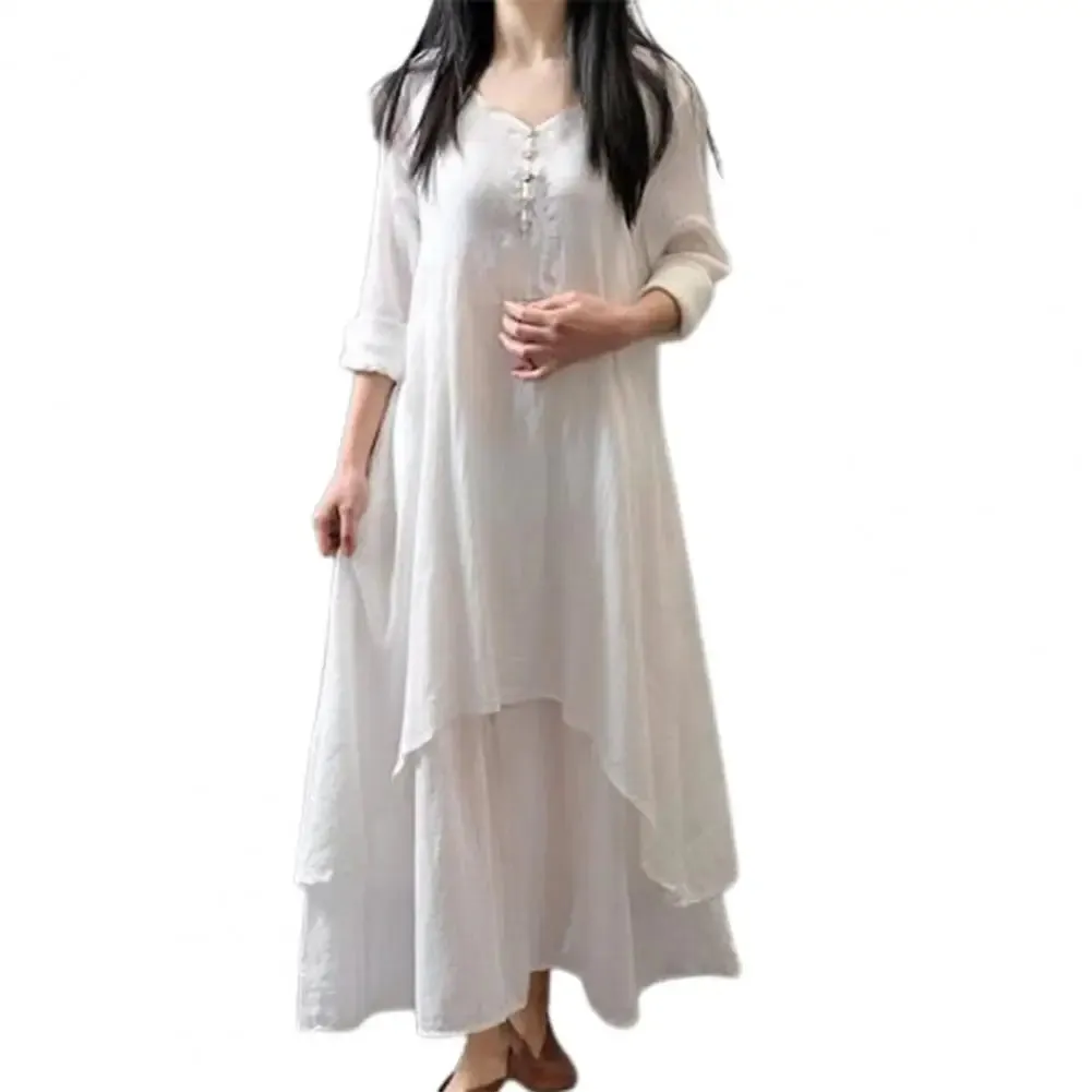 Women Elegant Linen White Dresses Bohemia Layering Vintage Robe Long Sleeve Loose Long Dress Female Autumn Vestidos